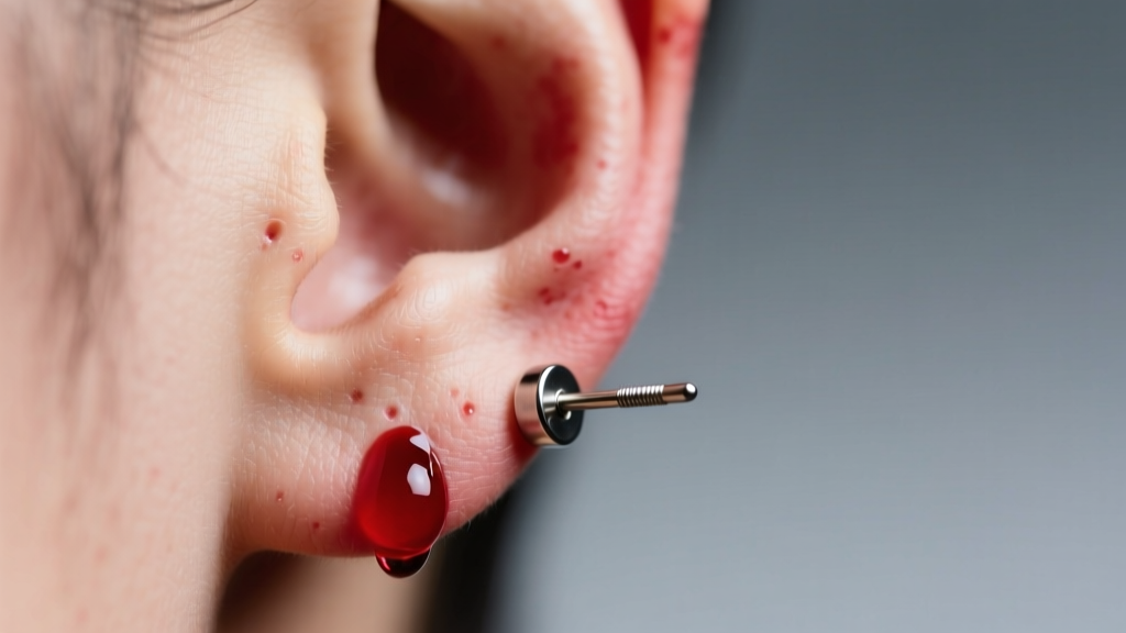 Close-up of a slightly red earlobe with a small drop of blood near an 18-gauge titanium flat-back stud, soft clinical lighting.