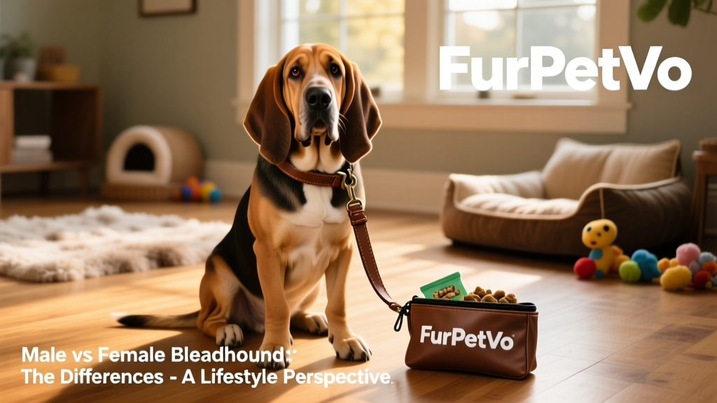 A happy, well-groomed Bloodhound sitting attentively beside a leash and a FurPetVo-branded treat pouch