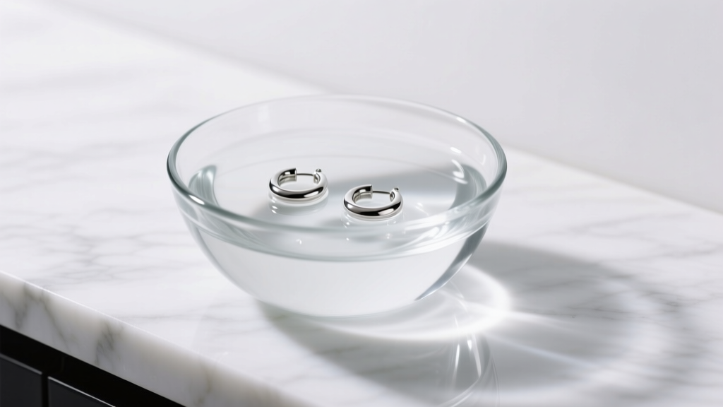 Sterile saline in a glass bowl soaking silver hoop earrings on a white marble countertop under bright, diffused studio lighting.