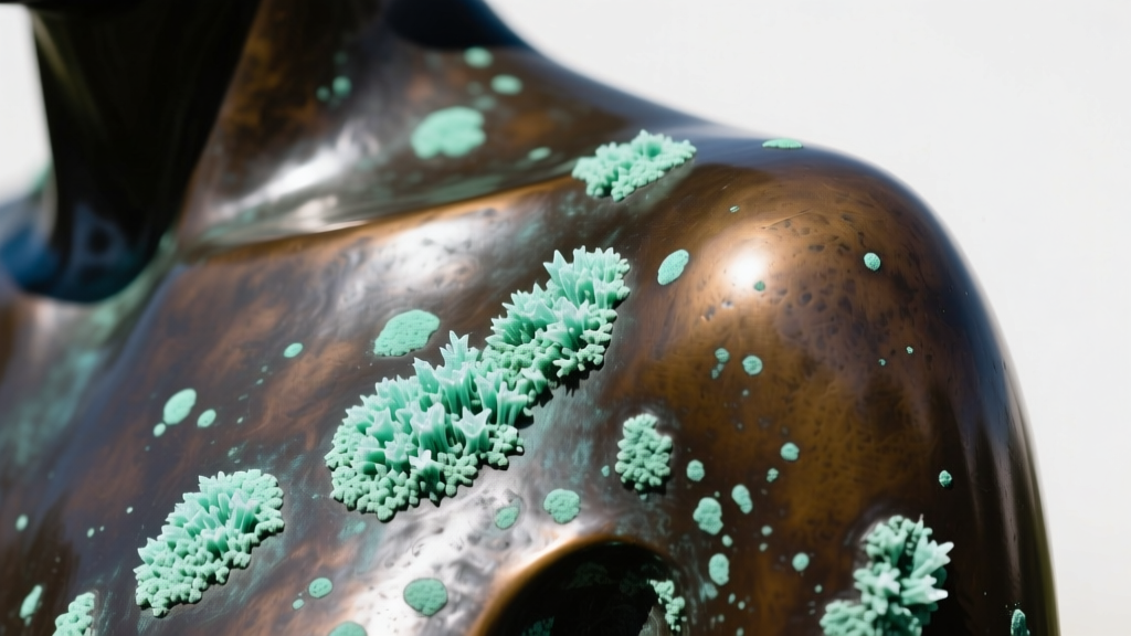 Macro photo showing the contrast between stable dark brown bronze patina and powdery, bright mint-green active bronze disease spots.