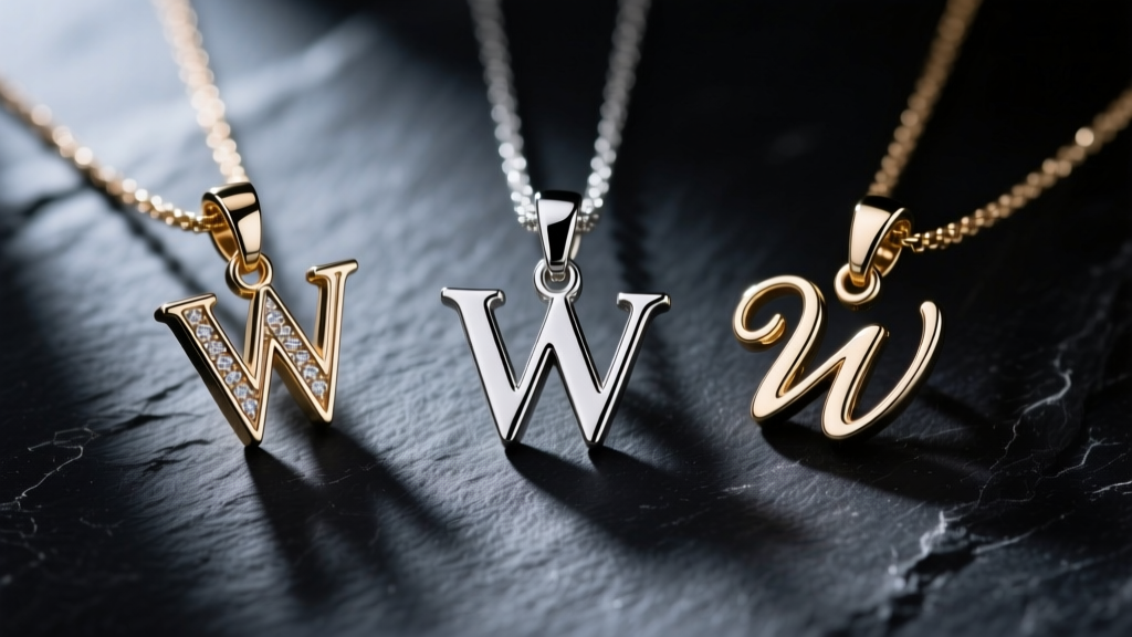Three W initial pendants in serif, sans-serif, and script fonts on dark slate, bright studio lighting, high contrast macro photo.