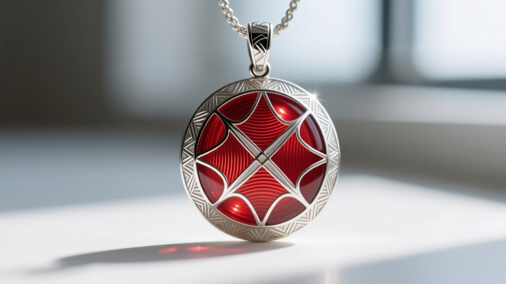 Macro shot of guilloche enamel on a silver pendant base, showing engine-turned geometric patterns beneath a translucent red glaze.