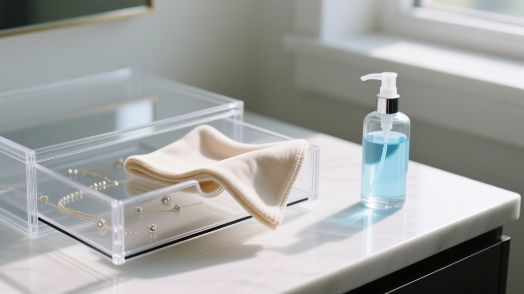 Soft microfiber cloth gently wiping the surface of a clear plastic jewelry drawer, with an acrylic cleaner bottle placed nearby