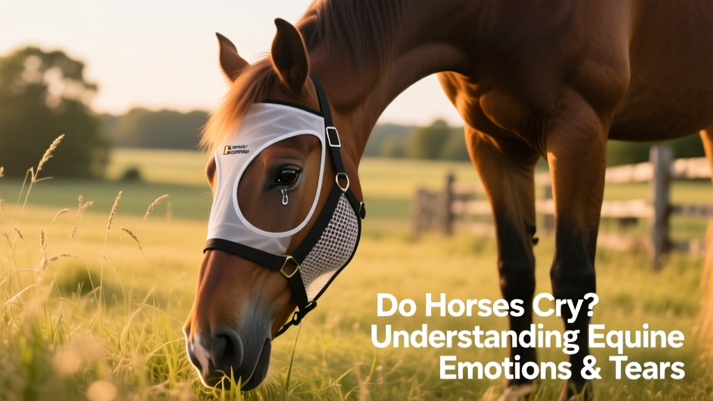 Horse wearing a breathable fly mask while grazing in a sunny field