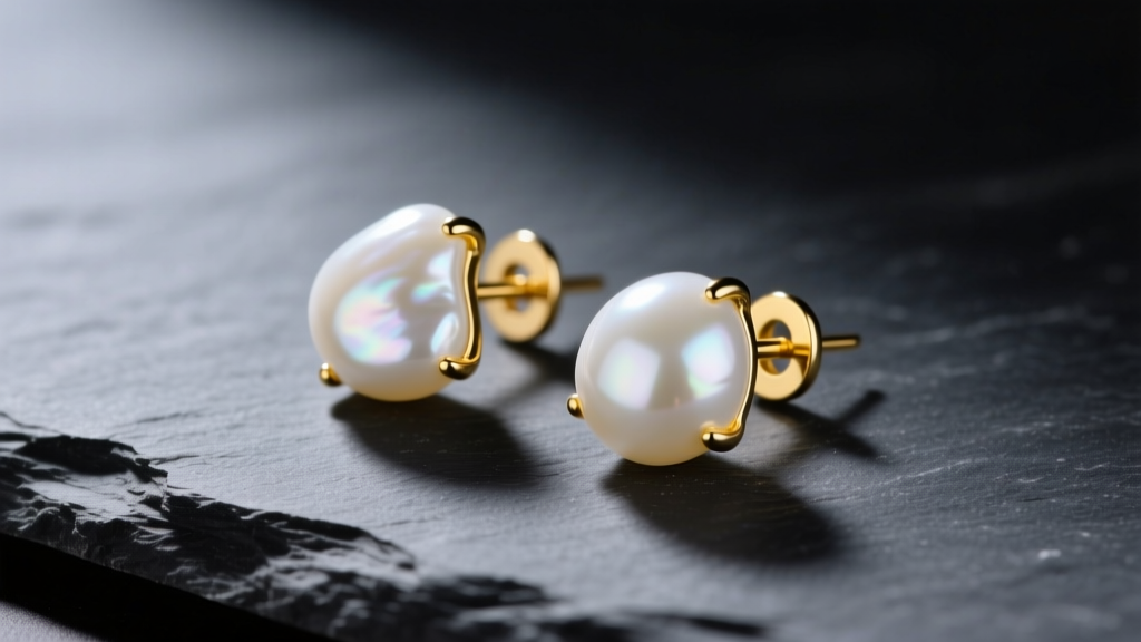 Asymmetrical white freshwater baroque pearl earring studs in 14k yellow gold resting on dark slate under soft directional lighting