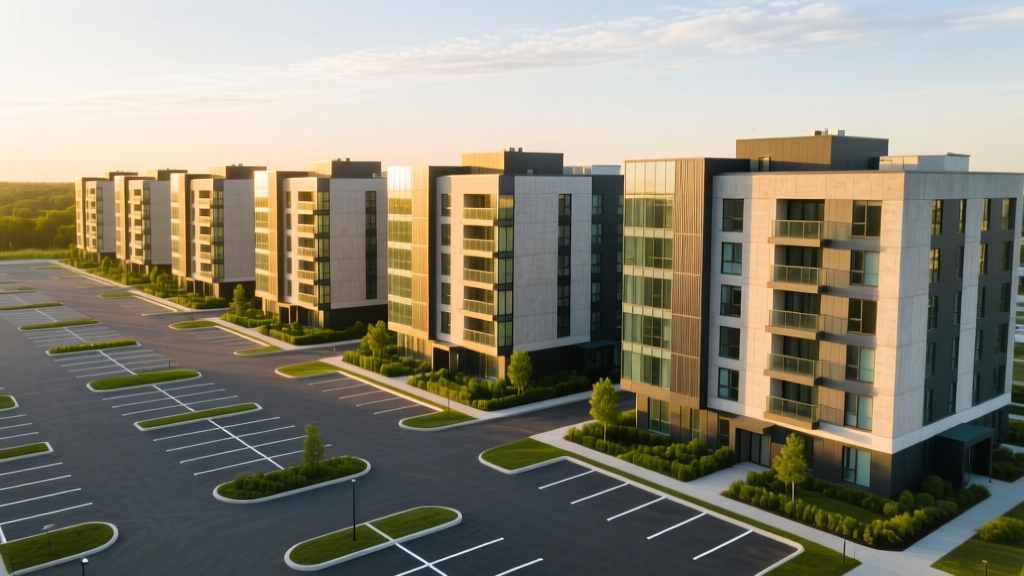 Aerial view of a newly constructed mid-rise apartment complex with modern mixed-material facades and paved parking areas