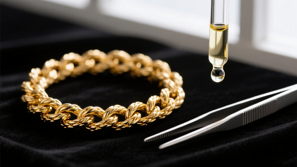 Macro shot of a tangled 14k gold rope chain on dark velvet, beside steel tweezers and a glass dropper of clear mineral oil.