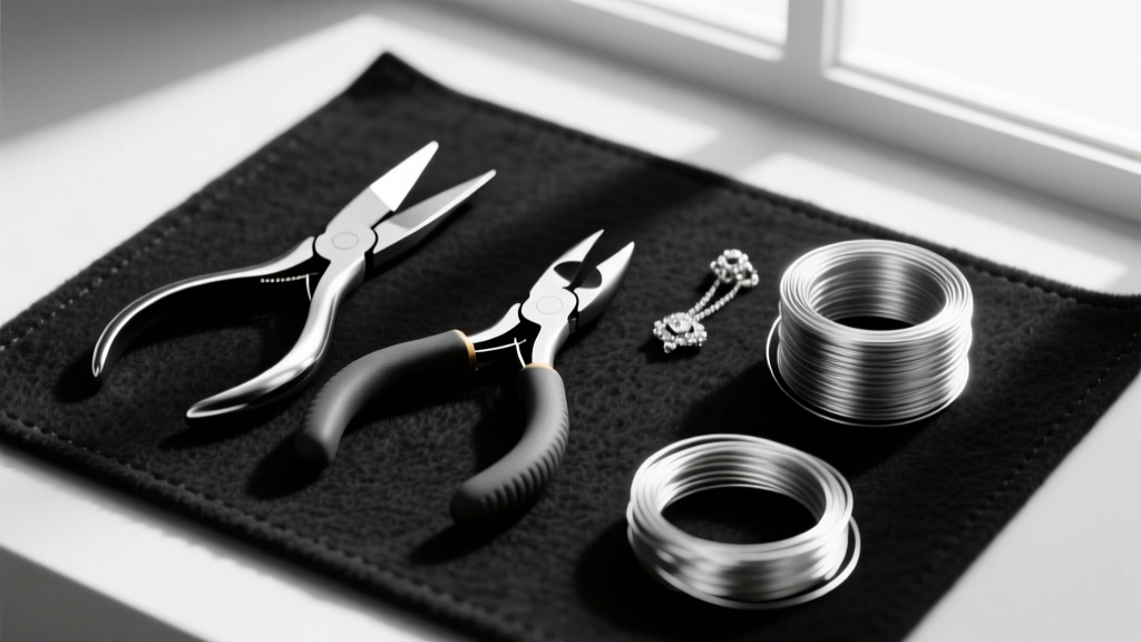 Flat lay of jewelry tools including flush cutters, round nose pliers, and spools of sterling silver wire on a dark felt mat.