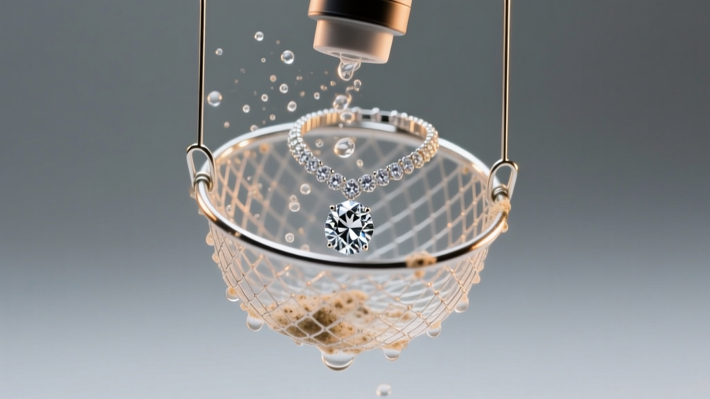 Ultrasonic cleaner showing grime lifting off diamond studs inside a suspended metal mesh basket under warm studio lighting.