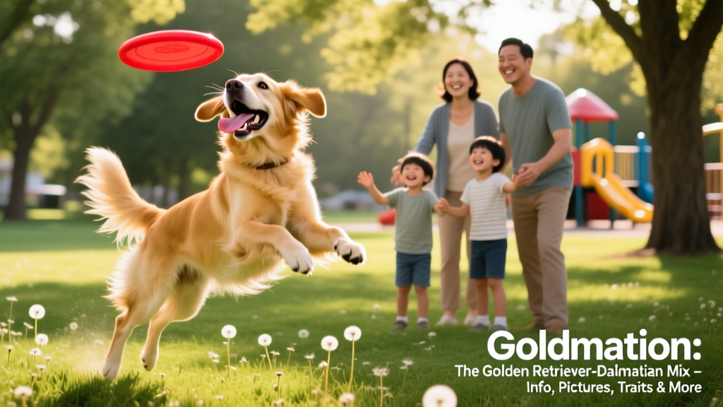 A smiling family playing with their Goldmation in a local park—dog leaping mid-air to catch a frisbee, with visible joy and strong bond