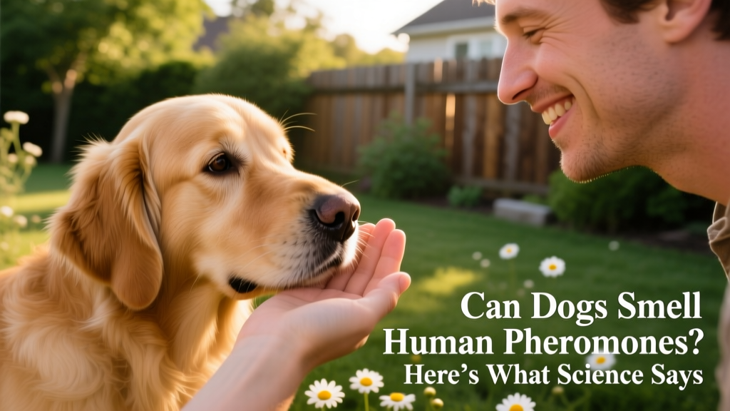 A calm dog gently sniffing a person's hand while the person smiles, illustrating respectful, curiosity-driven scent investigation