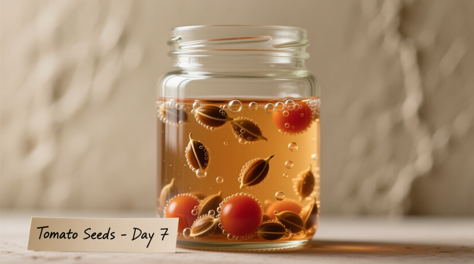 Tomato seeds fermenting in glass jar