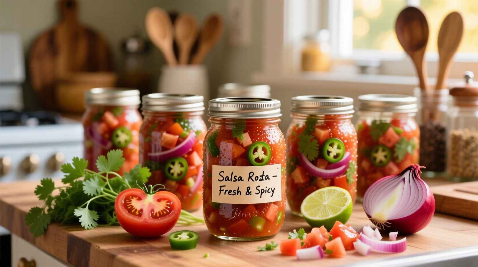 Homemade canned tomato salsa in mason jars with fresh ingredients
