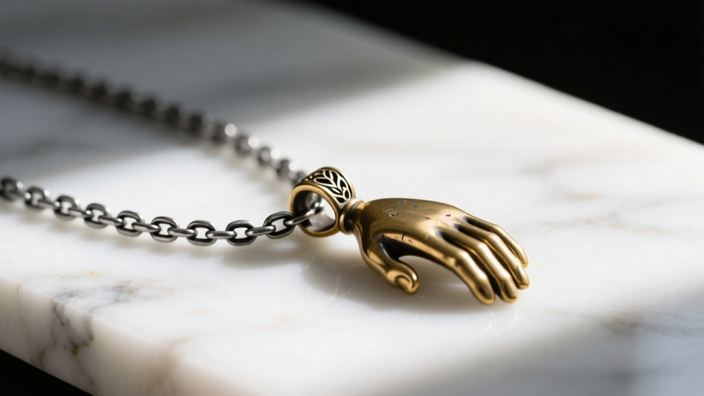 2mm oxidized silver box chain threaded through a wide bail of a vintage brass hand pendant resting on white marble in soft natural light