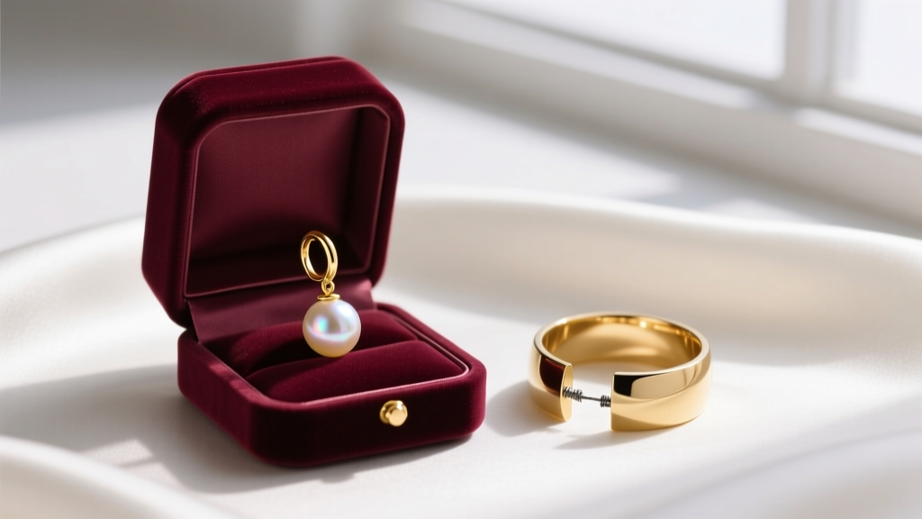Flat lay of an open velvet box with an 18k gold pearl drop earring and a tension-fit cartilage cuff resting on ivory silk.