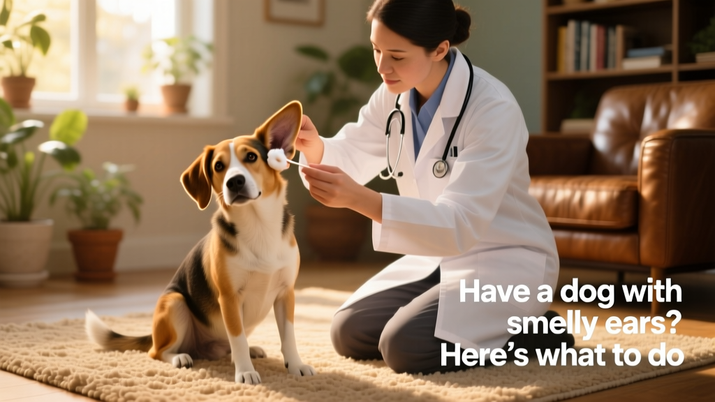 Veterinarian demonstrating proper ear cleaning technique on a calm dog
