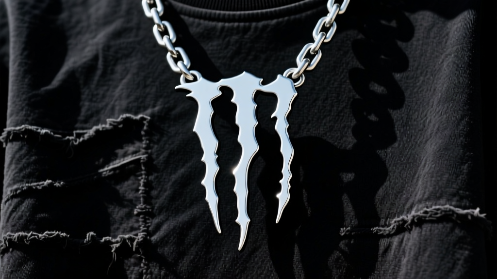 Clear-coated Monster claw logo cut from aluminum on a thick stainless steel chain against a dark streetwear background.