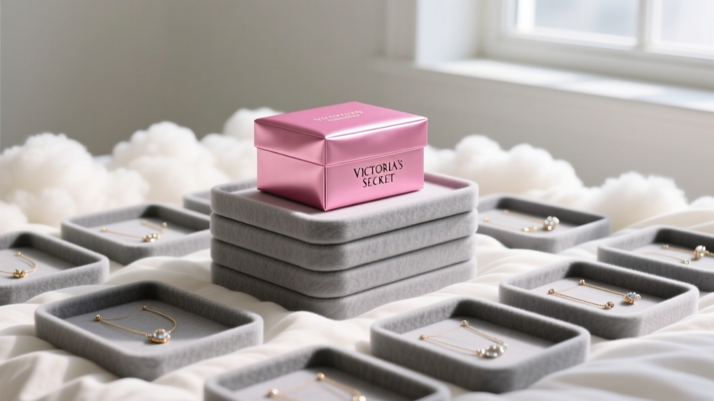 Grey anti-tarnish flannel jewelry trays stacked neatly, contrasting with a pink satin Victoria Secret keepsake box on a soft bed.