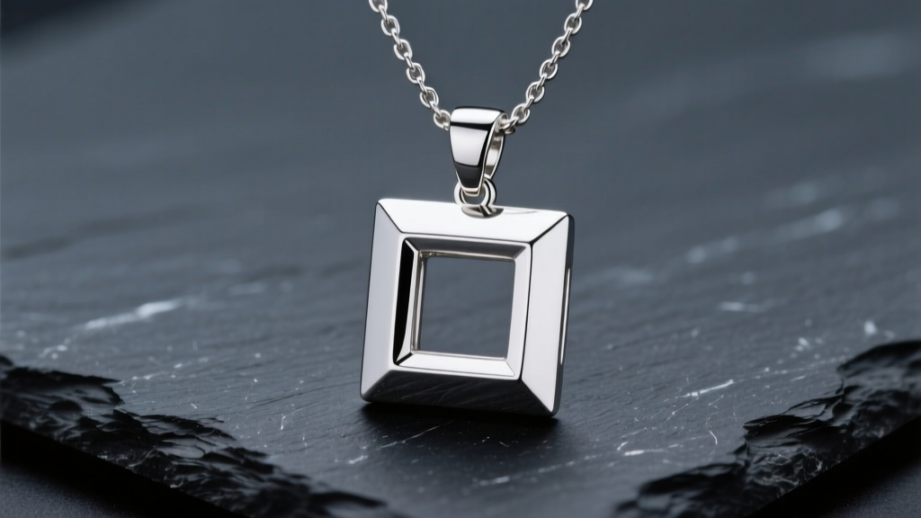 Sterling silver square pendant necklace on dark slate, showing sharp geometric edges and bright studio light reflections.