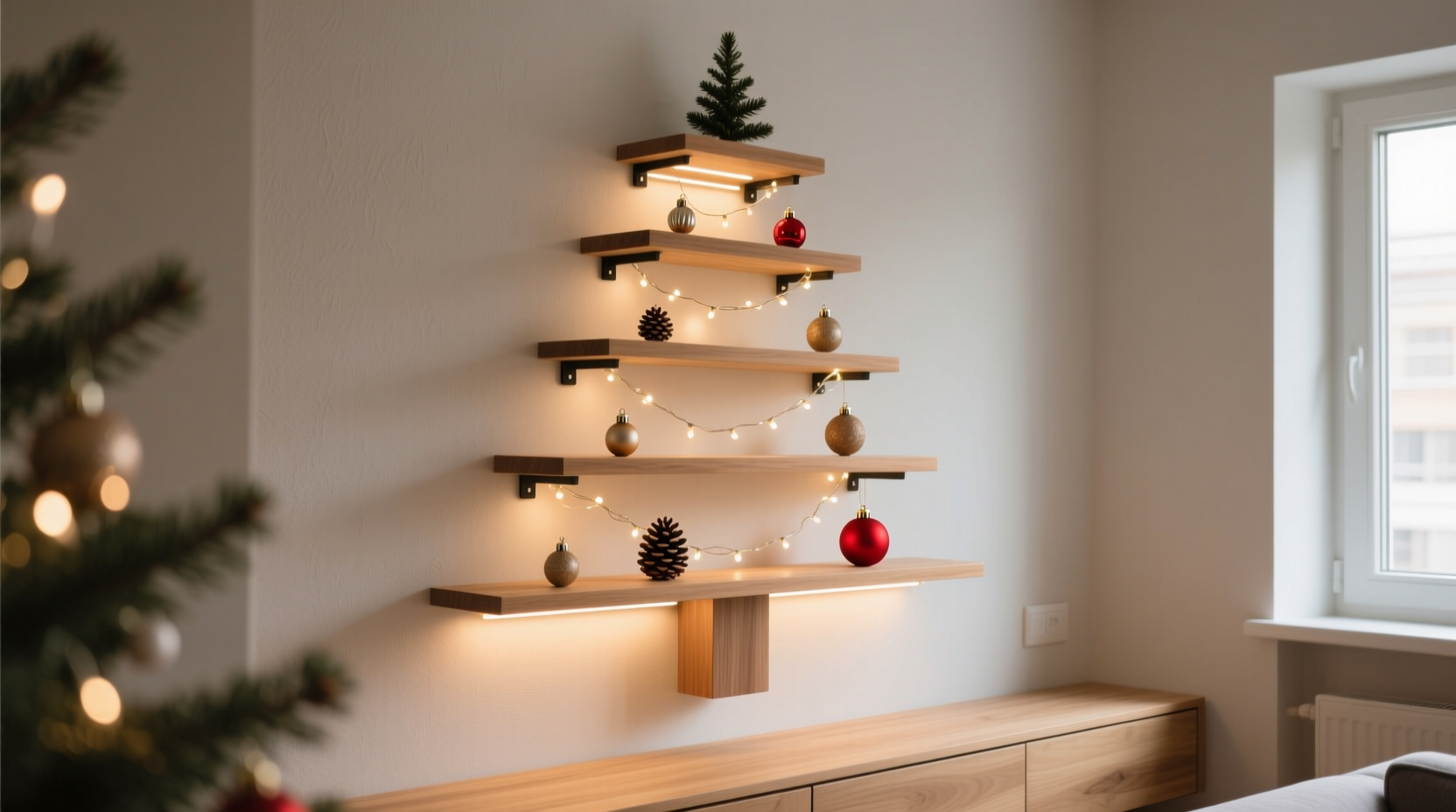 how to make a floating shelf christmas tree for tiny apartments with zero floor footprint