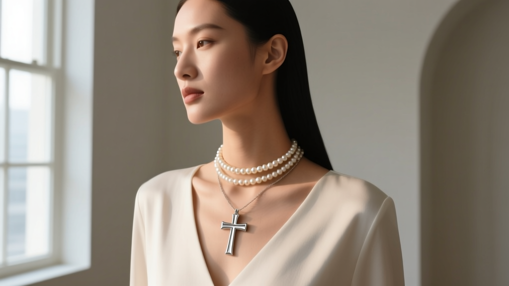 Sideways cross necklace layered with a pearl choker on a model in a V-neck top, captured in bright natural window daylight.