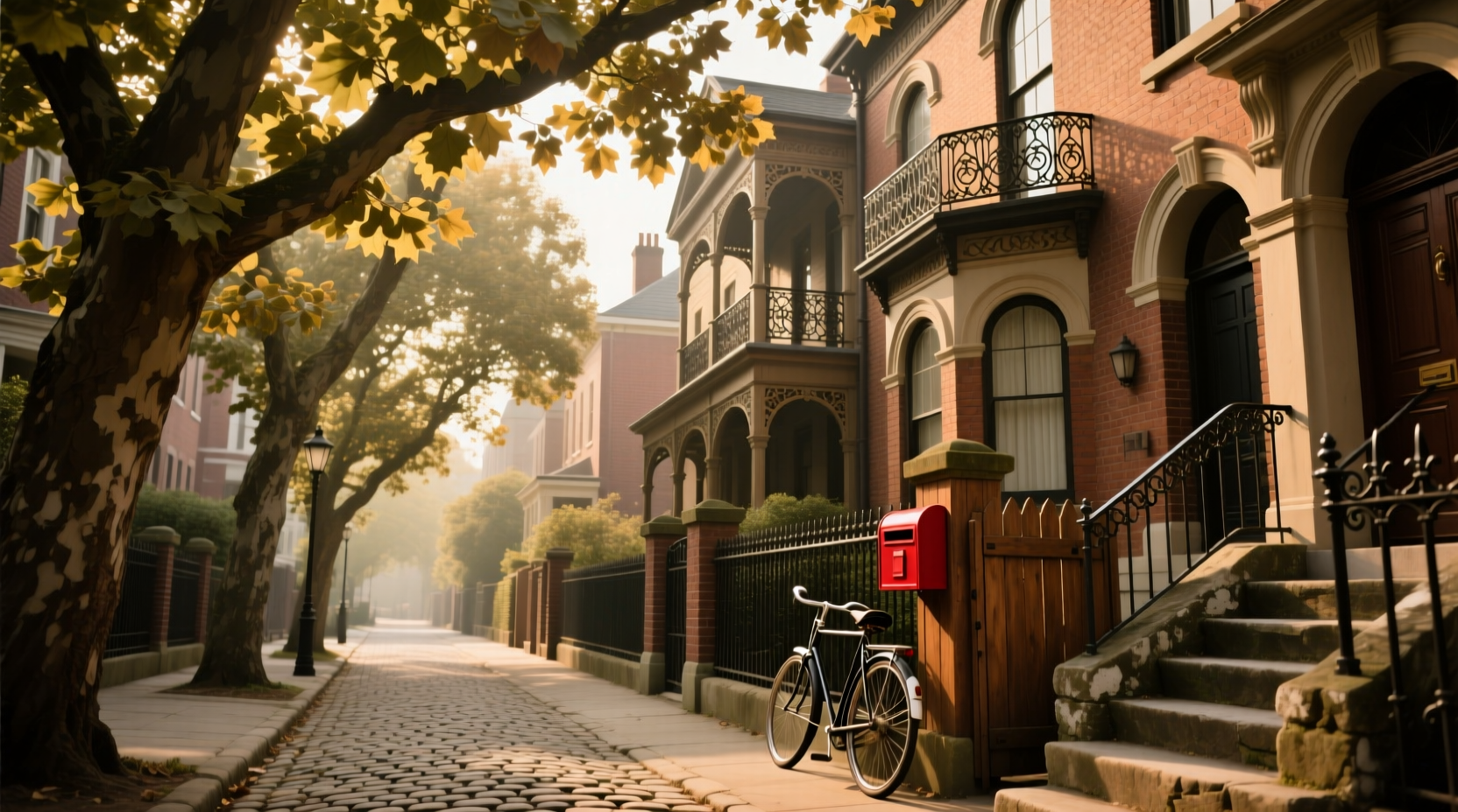 Historic residential street with mature trees and early 20th century homes