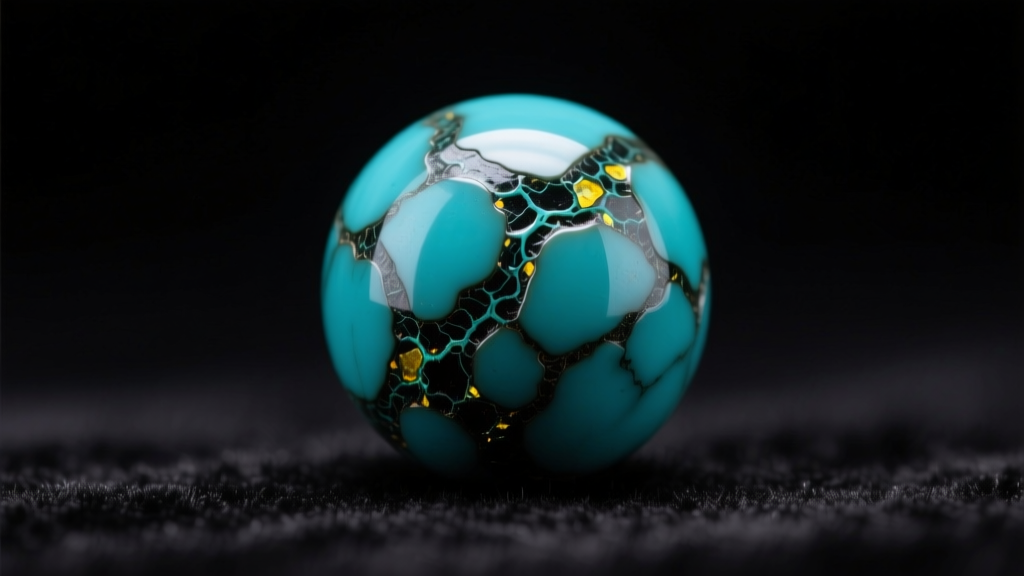 Extreme macro photography of a single 12mm Chinese turquoise bead showing intricate black limonite matrix against dark velvet.