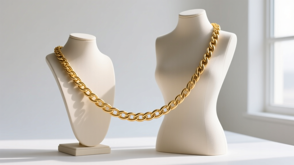 Diagram showing a 20-inch gold rope necklace resting on a petite frame versus a curvy frame against a clean white backdrop