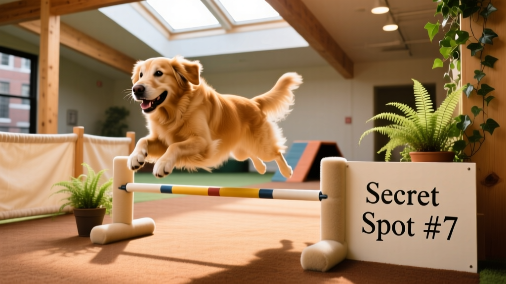 A dog happily navigating an indoor agility course with soft flooring and bright lighting