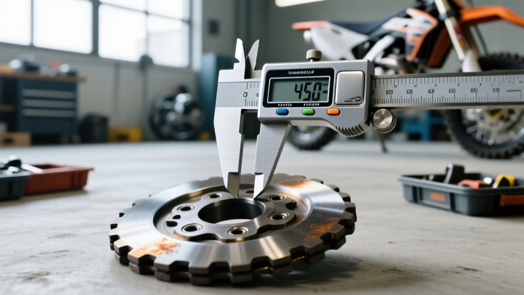 Digital caliper measuring the thickness of a steel drive plate on a 450cc motocross bike to check for warping and wear limits