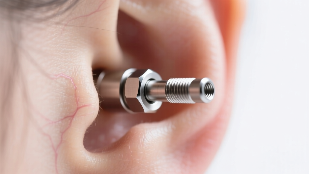 Extreme close-up of an internally threaded ASTM F136 titanium labret post resting flush against the skin behind a pierced lobe.