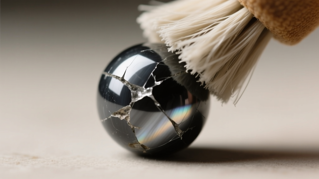 Microfiber cloth gently buffing a scratched dark gray hematite bead to restore its metallic luster, shown close-up without water