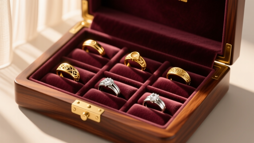 Overhead view of a mahogany box with velvet jewelry box ring inserts holding gold and silver rings in warm lighting