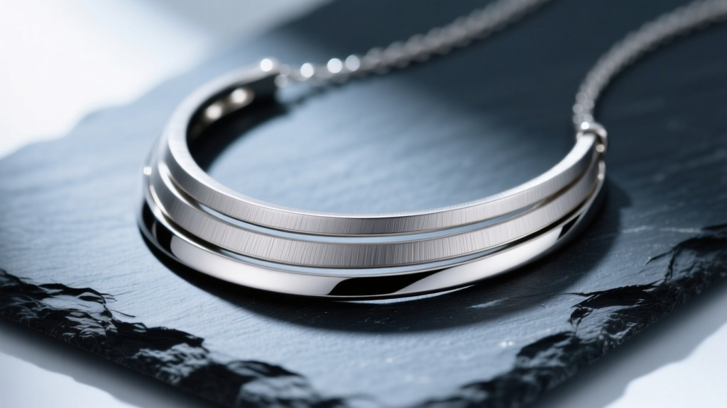 Macro shot of a brushed titanium and sterling silver layered necklace set resting on dark slate, highlighting metal textures