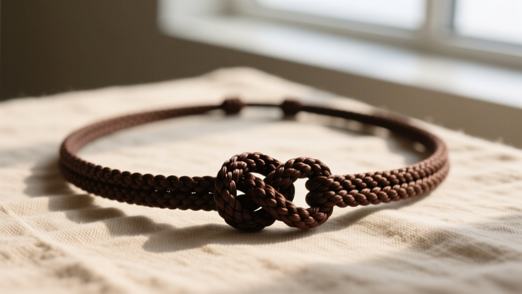 Close-up of dark brown waxed cotton cord necklace with a macrame sliding knot, resting on a textured beige linen background.