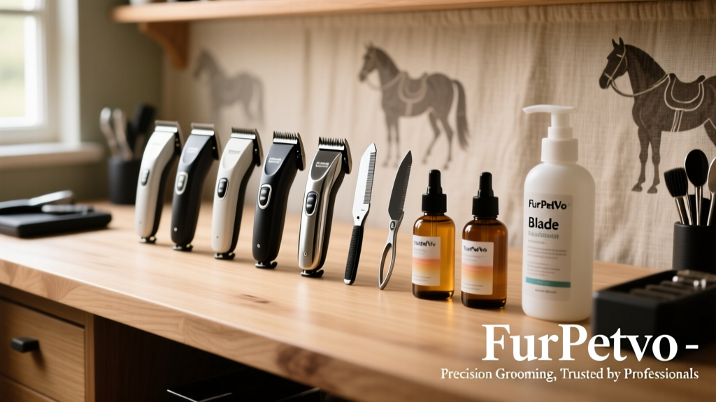 Neat row of FurPetVo clippers, blades, oil, and Blade Wash arranged on a well-organized grooming station