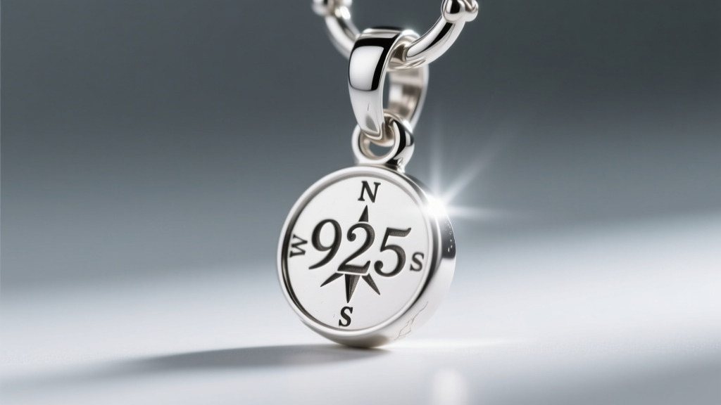 Macro shot of a 925 hallmark stamped on a silver compass pendant jump ring, illuminated by a focused jewelry loupe light source.