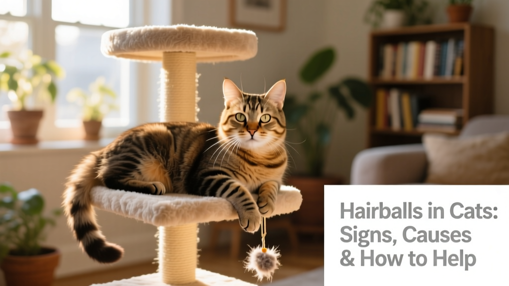 A relaxed cat lounging on a plush cat tree near a sunny window, looking content