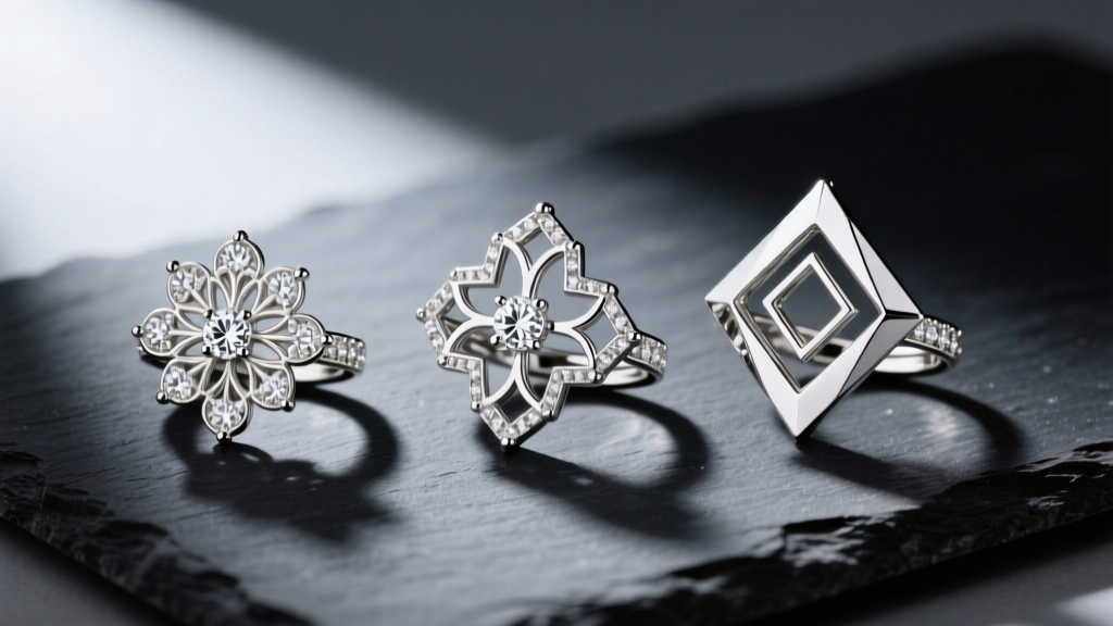 Flat lay of three interchangeable diamond earring jackets in white gold, featuring floral and geometric designs, on dark slate.