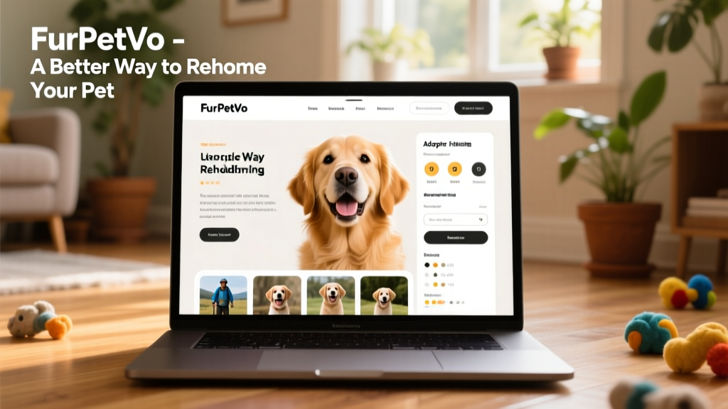 Screenshot of the FurPetVo website showing a pet profile with photos, bio, and adopter matching interface