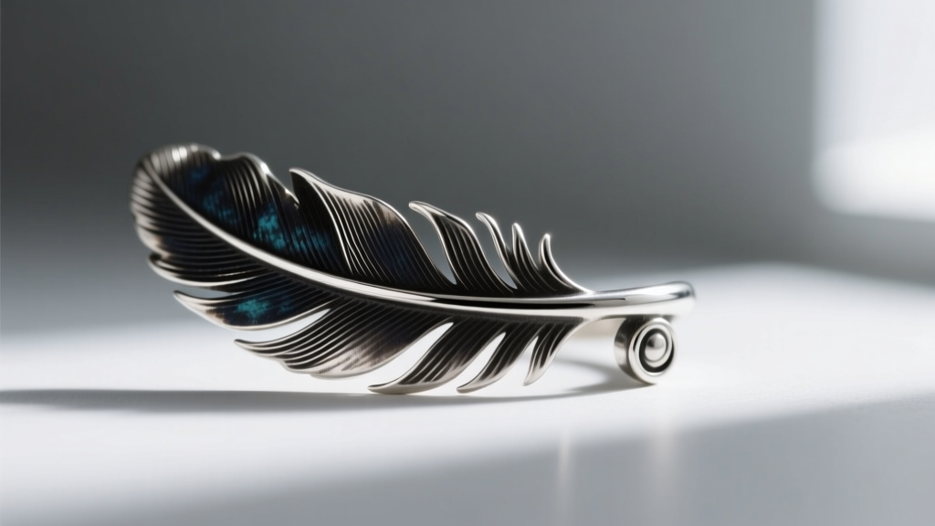 Macro shot of an oxidized sterling silver feather ear cuff, showing dark patina in crevices and polished silver on high points