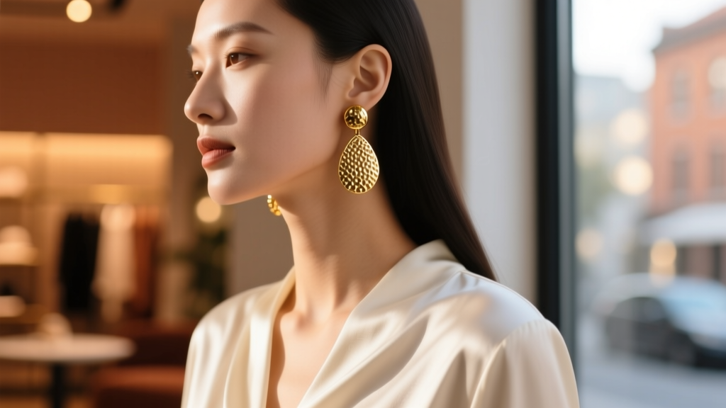 Side profile of a woman wearing 45mm hammered gold droplet earrings, styled with a silk blouse against a warm blurred background.