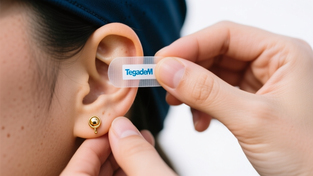 Hands applying small circular piece of clear 3M Tegaderm medical tape over a tiny gold stud earring on a softball player earlobe