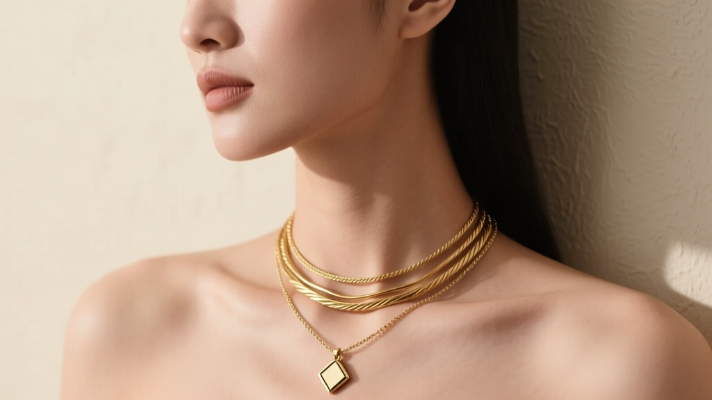 Profile shot of a woman wearing a three-layer gold necklace stack with a tiny geometric pendant on an 18-inch cable chain