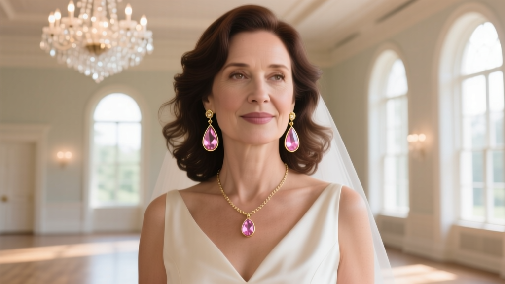 Mother of bride wearing 18k gold asymmetric drop earrings with pear morganite in soft natural lighting at an elegant venue