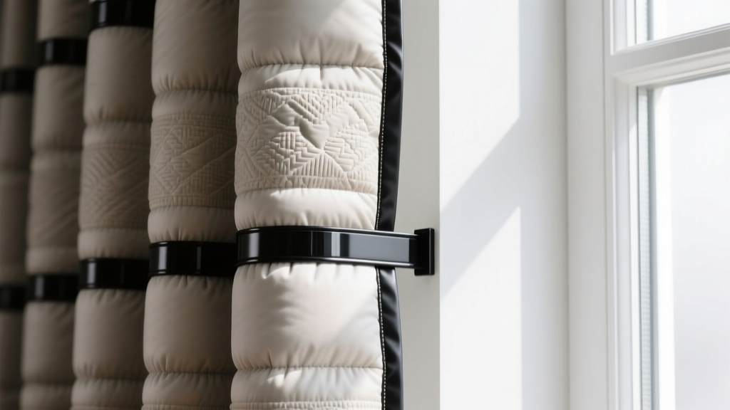Close-up of heavy multi-layer insulating curtain material sealed against a white window frame using black magnetic edge strips