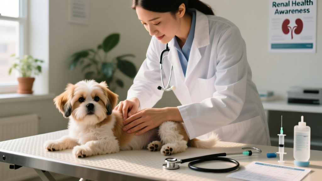 Veterinarian gently examining a young Shih Tzu puppy during a wellness check, with emphasis on hydration and kidney health assessment