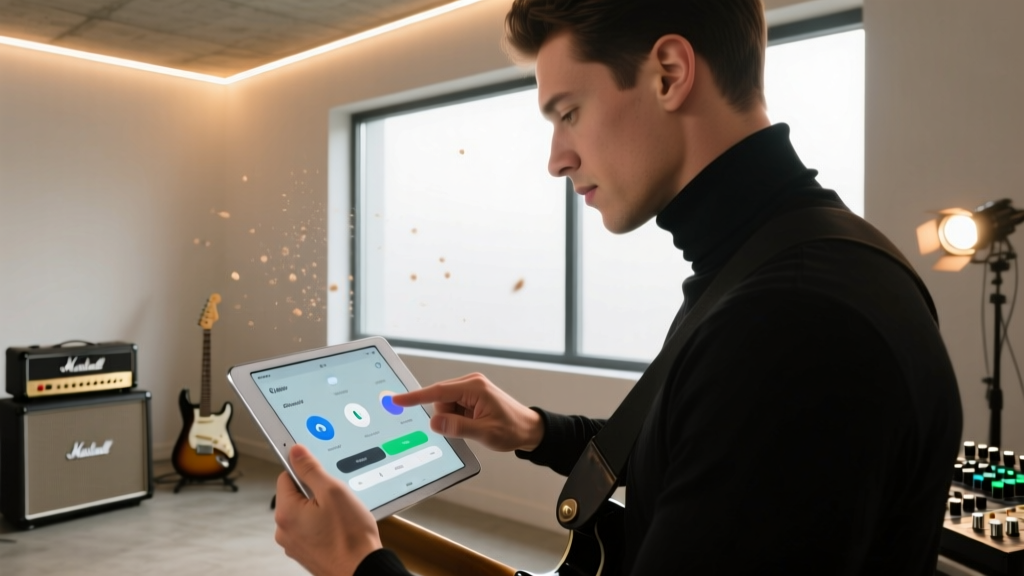 Over-the-shoulder view of a guitarist adjusting a smart home automation routine on a tablet, setting triggers for studio lights and pedalboard power sequences.