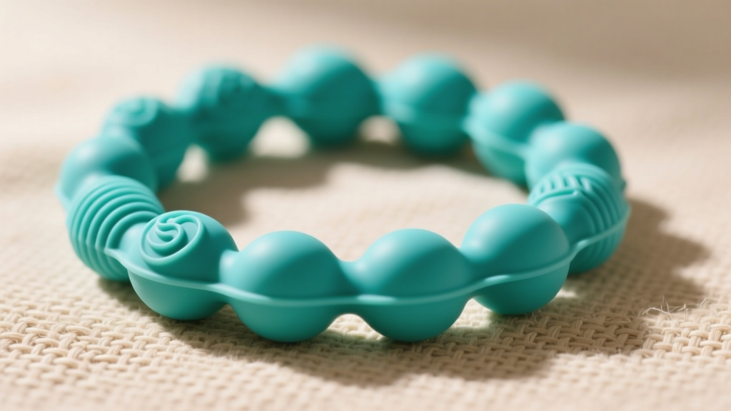 A close-up of a vibrant teal food-grade silicone sensory chew necklace resting on soft woven fabric, bright studio lighting.