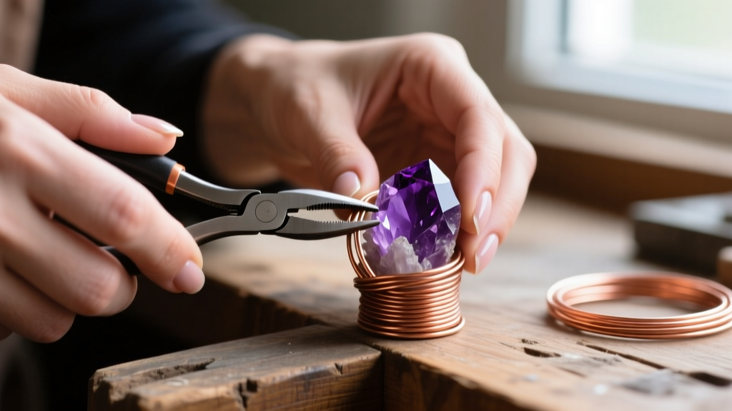 Jeweler hands using round-nose pliers to wrap 20-gauge copper wire around a raw amethyst cluster on a rustic wooden workbench.